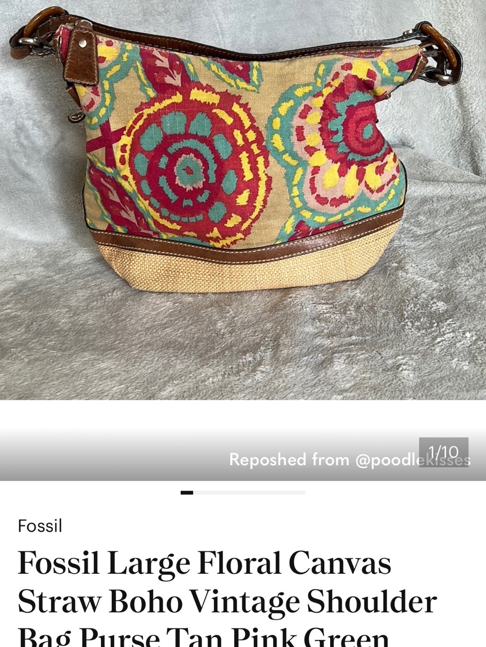 Vintage Fossil Boho Canvas Leather Shoulder Bag Floral Wood Key Charm Purse Y2K - Picture 12 of 16